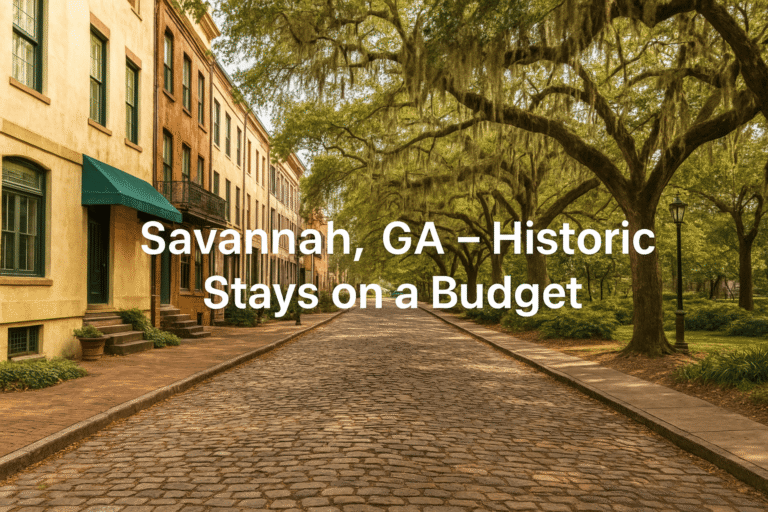 Historic streets of Savannah, GA with moss-covered oak trees and affordable hotels nearby